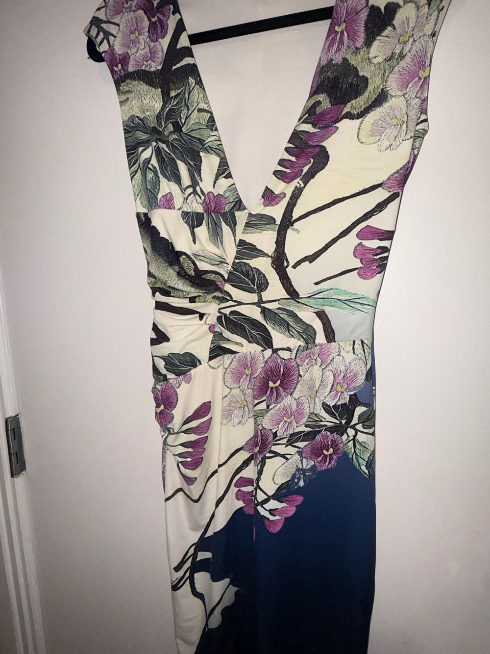 Roberto Cavalli Floral V-Neck Maxi Dress in Ivory, Navy and Purple - Picture 1 of 9